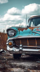Rust-weathered turquoise classic car under open sky.