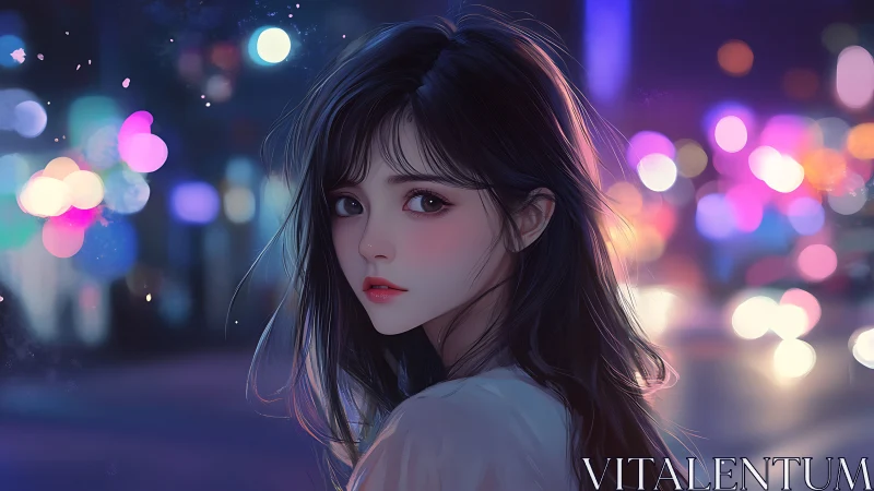 Neon city hush pauses in her soft, luminous glance