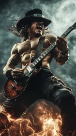 Shirtless guitarist in hat playing electric guitar amid smoke.
