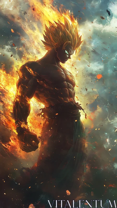 Digital painting of flaming anime warrior in dynamic vertical composition.