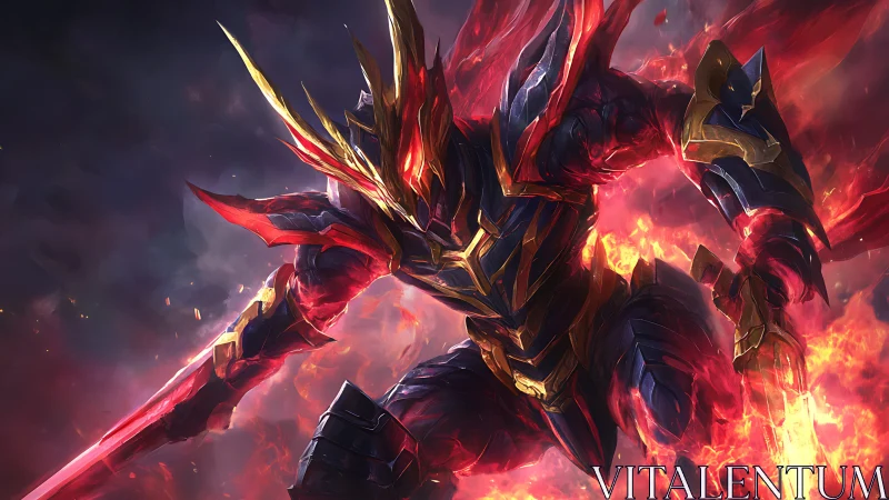 Infernal armored warrior in dynamic digital battle composition.
