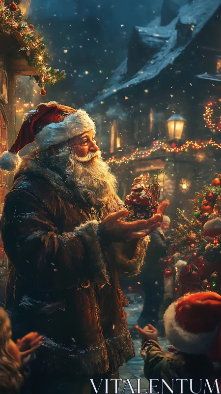 Santa in snowy village street holding glowing ornament.