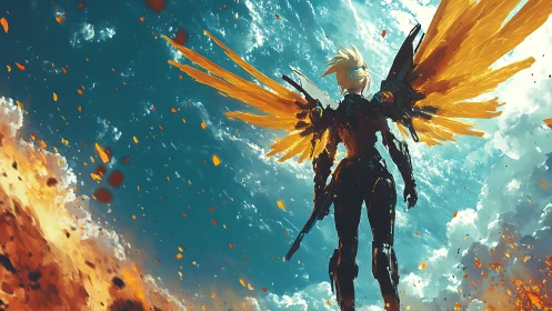 Winged cybernetic warrior over burning battlefield sky.