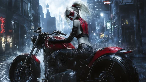 Masked biker on red motorcycle in dark urban street scene.