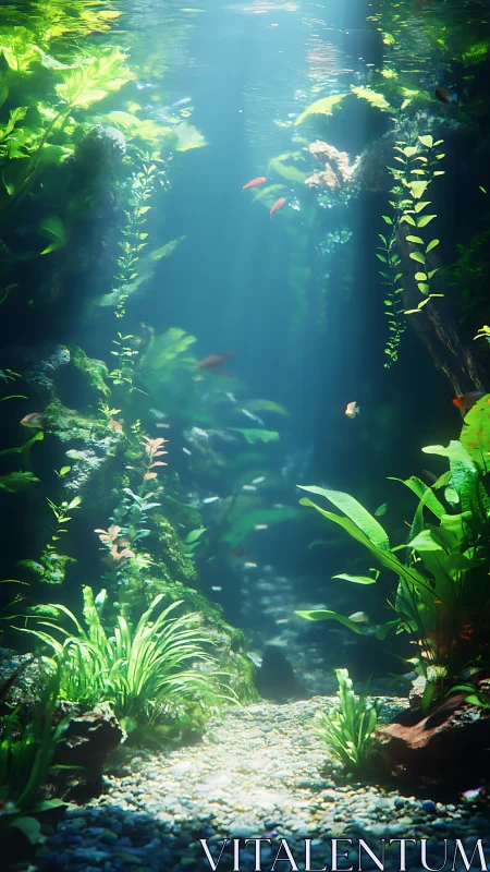 Sunlit freshwater aquascape with plants and small fish.