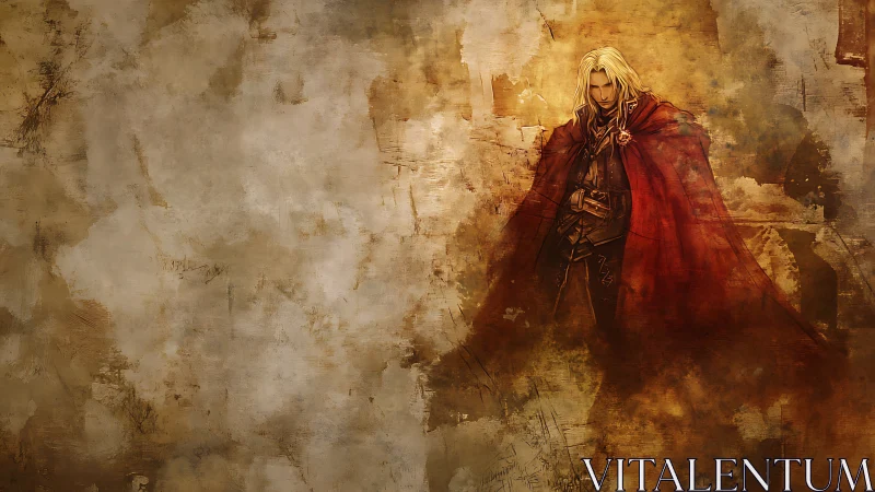 Vampiric swordsman stands in red cloak on worn parchment field