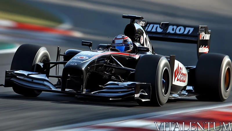 Sleek black Formula race car charging through a bright curve.