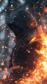 Hooded wanderer wrapped in firelight and drifting embers.