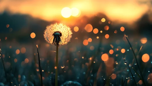 Sunlit dandelion seed head glows in dreamy golden bokeh field
