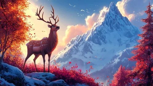 Majestic stag under autumn canopy before icy summit.