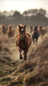 Wild chestnut vanguard charging through dusk meadow dust.
