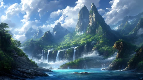 Sunlit waterfalls tumbling through emerald mountain cliffs.