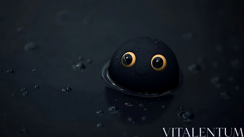 Midnight droplet creature smiles softly through glossy rain