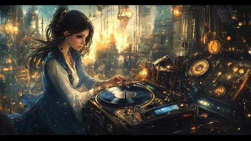 Steampunk city DJ girl mixing vinyl in glowing studio.