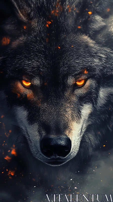 Wolf face rendered in close-up with glowing orange eyes
