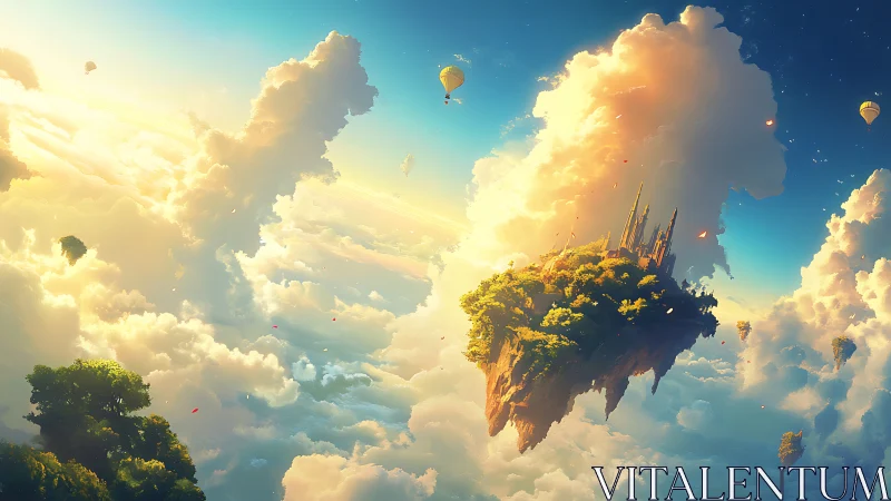 Sunlit sky kingdom drifting on clouds and quiet balloons.