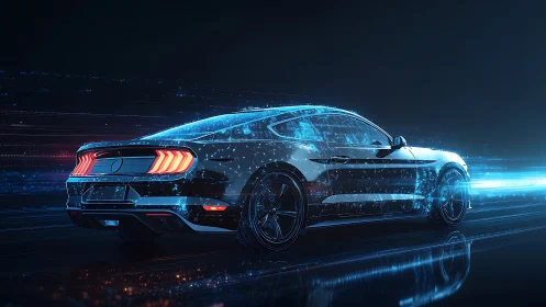 Futuristic sports coupe rendered with neon data stream overlays.