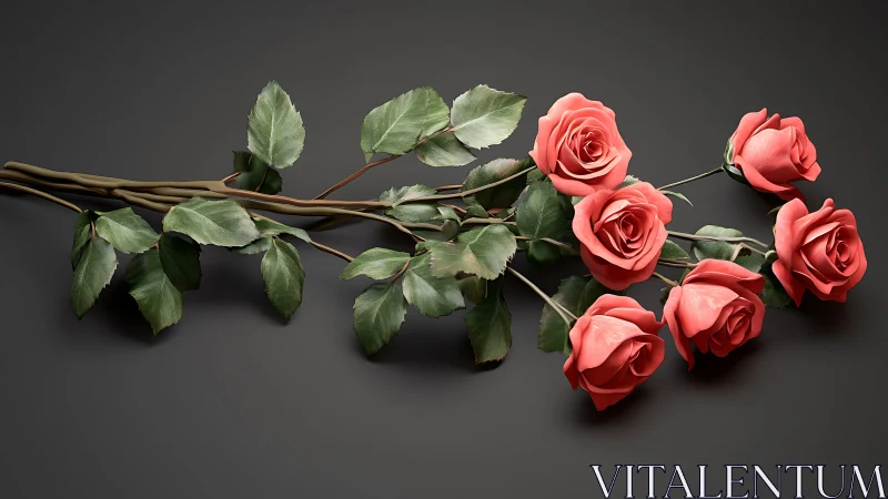 Coral Roses on Branch Against Dark Surface.