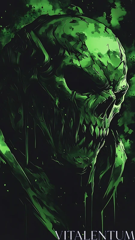 Green skeletal figure rendered in high-contrast digital shadows.