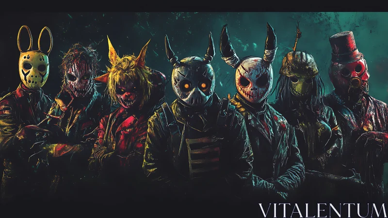 Masked horror gang lined up in dark neon-lit scene.