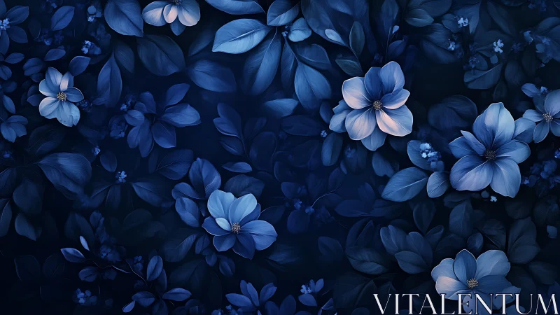 Midnight Blue Floral Composition. Luminous Blooms Against Deep Darkness.