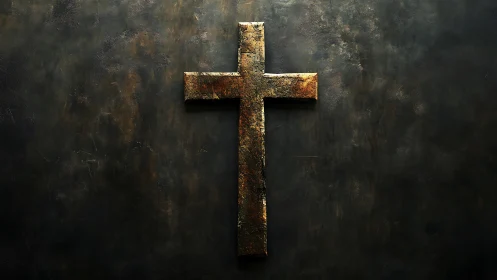 Weathered metal cross stands quietly against dark wall