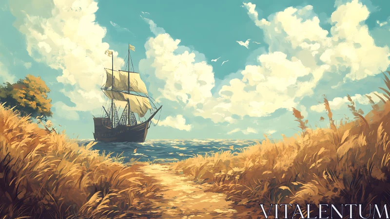 Sunlit shore waits while the wandering tall ship dreams