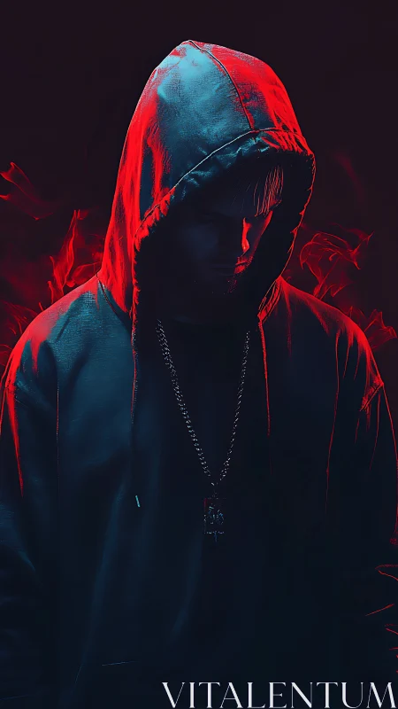 Hooded figure in red and blue rim lighting portrait study.