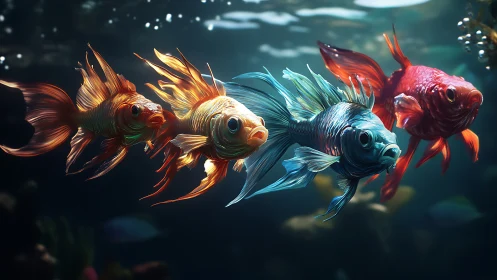 Digital painting of luminous ornamental fish in dynamic flow.