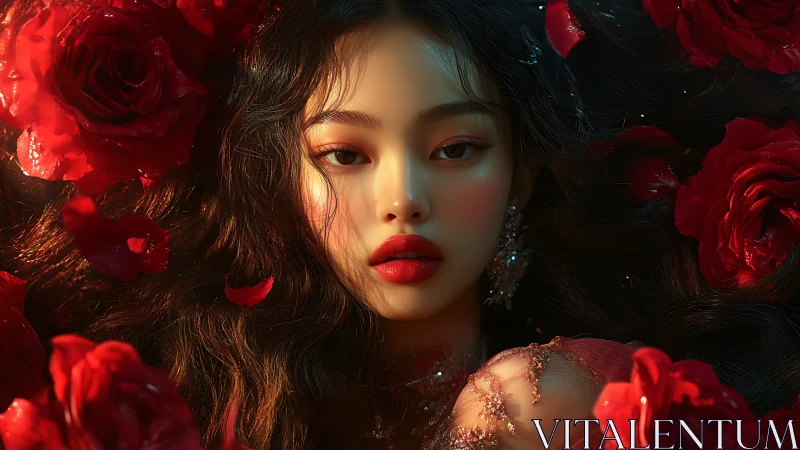 Velvet rose siren bathed in molten sunset shadows.