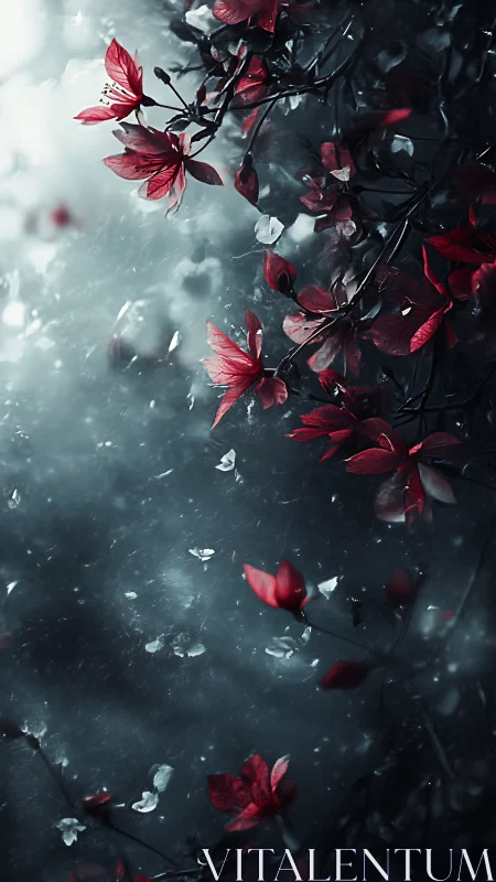 Red flowers in storm: Rain and petals drift through dark skies.
