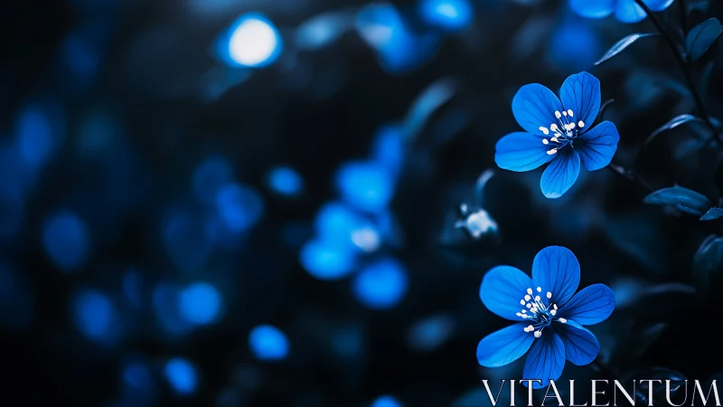 Blue flowers with bokeh background at night.