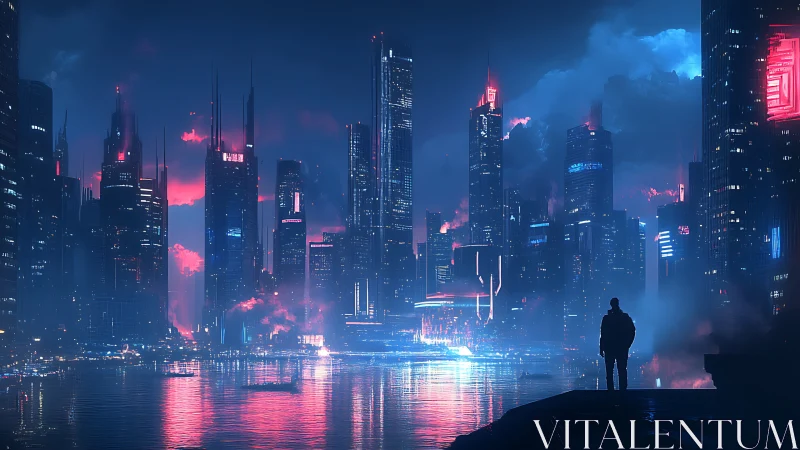 Solitary dreamer gazing across a neon drenched future city.