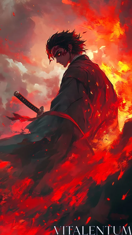 Fiery samurai stands calm in a storm of glowing embers.