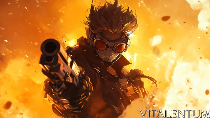 Cybernetic gunner framed by explosive amber inferno.