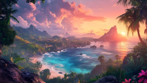 Tropical Island Sunset with Dramatic Clouds and Mountain Vista