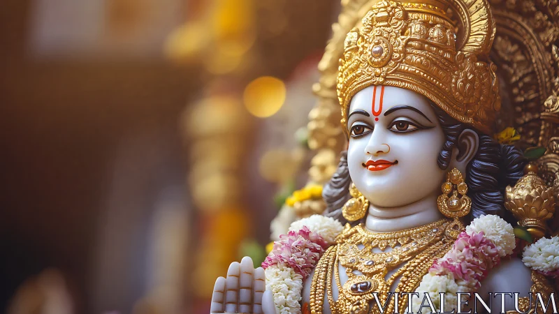 Golden deity gazes in soft bokeh light and temple bloom.