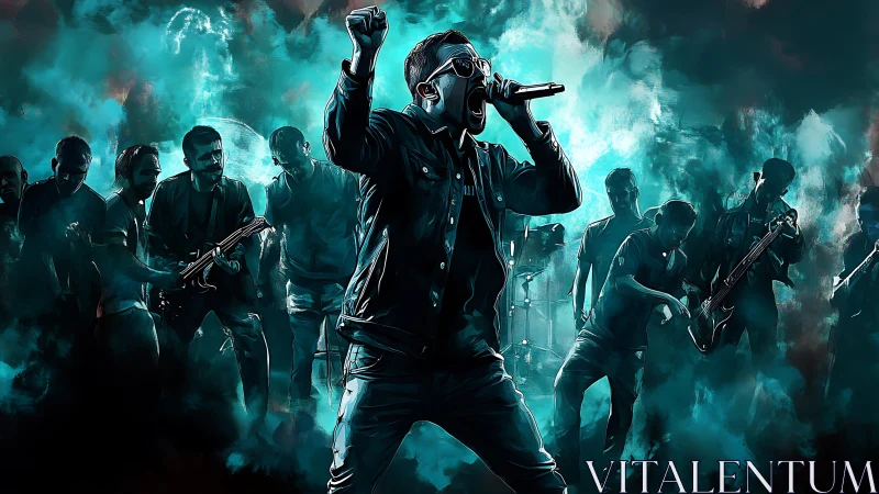 Rock singer performs with band amid teal smoke effects