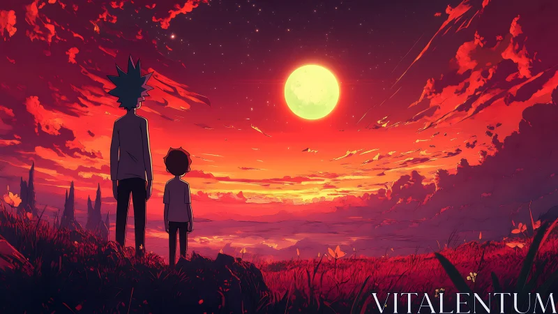 Glowing moon welcomes two quiet silhouettes at sunset edge