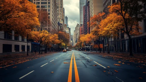 Urban boulevard in autumnal symmetry, photorealistic streetscape.