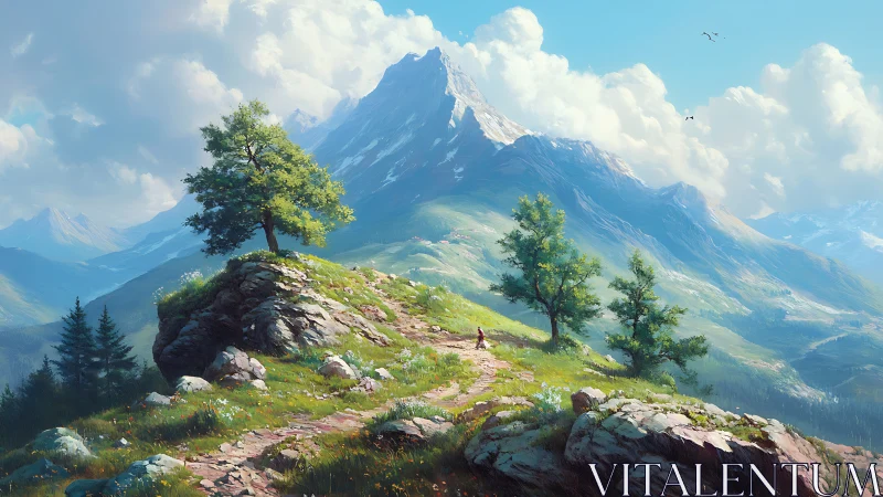 Hiker on sunlit mountain trail below towering peak.