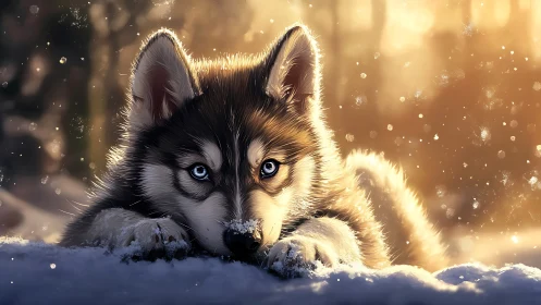 Puppy-level husky portrait with shallow depth and rim lighting