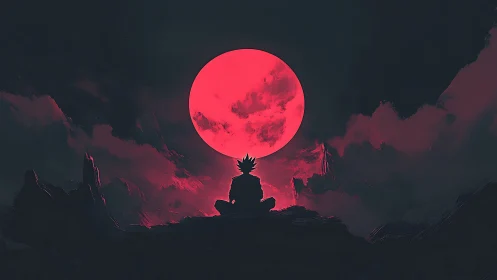Solitary warrior beneath colossal crimson moonrise.