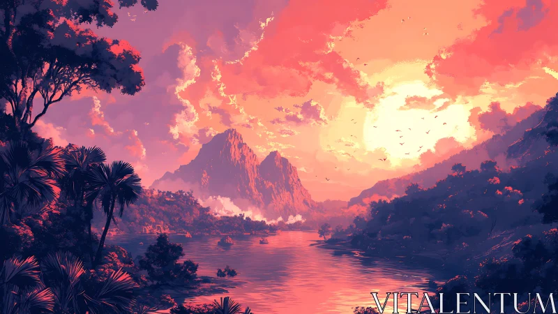 Dreamy tropical sunset over tranquil misty mountains.