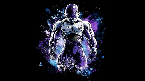 Armored alien warrior in electric purple cosmic burst.