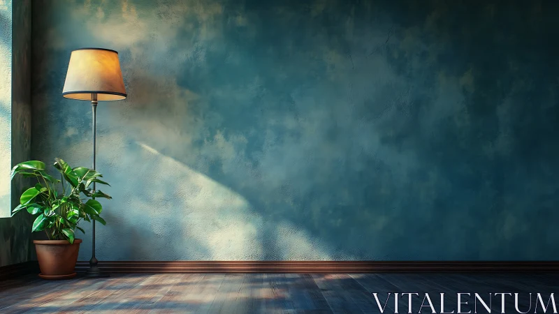 Soft morning light with a cozy lamp and leafy houseplant.