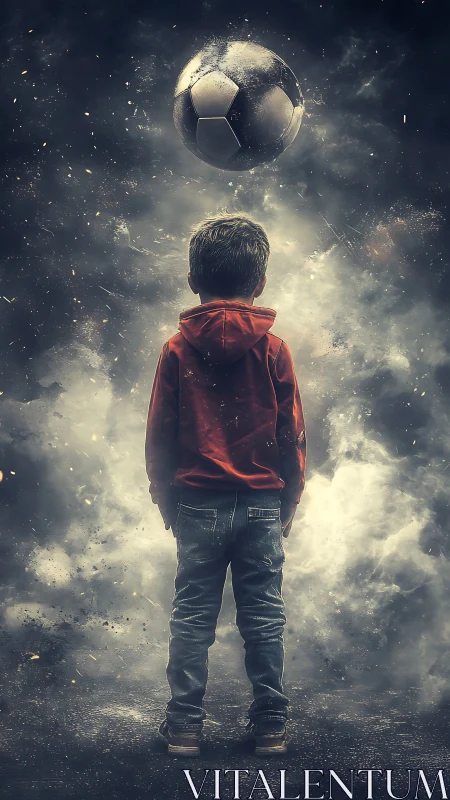 Boy in red hoodie stares up at suspended soccer ball.