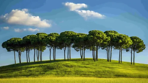 Sunlit hilltop grove beneath vivid blue afternoon sky.