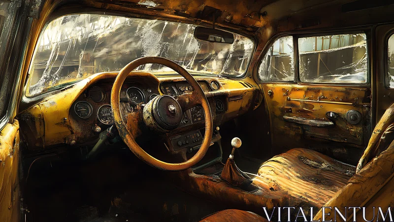 Rust-sunk taxi cockpit dreams in golden post-apocalypse glow.