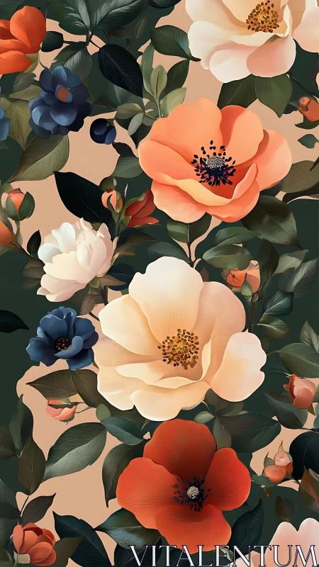 Botanical floral composition with coral, cream, navy flowers.